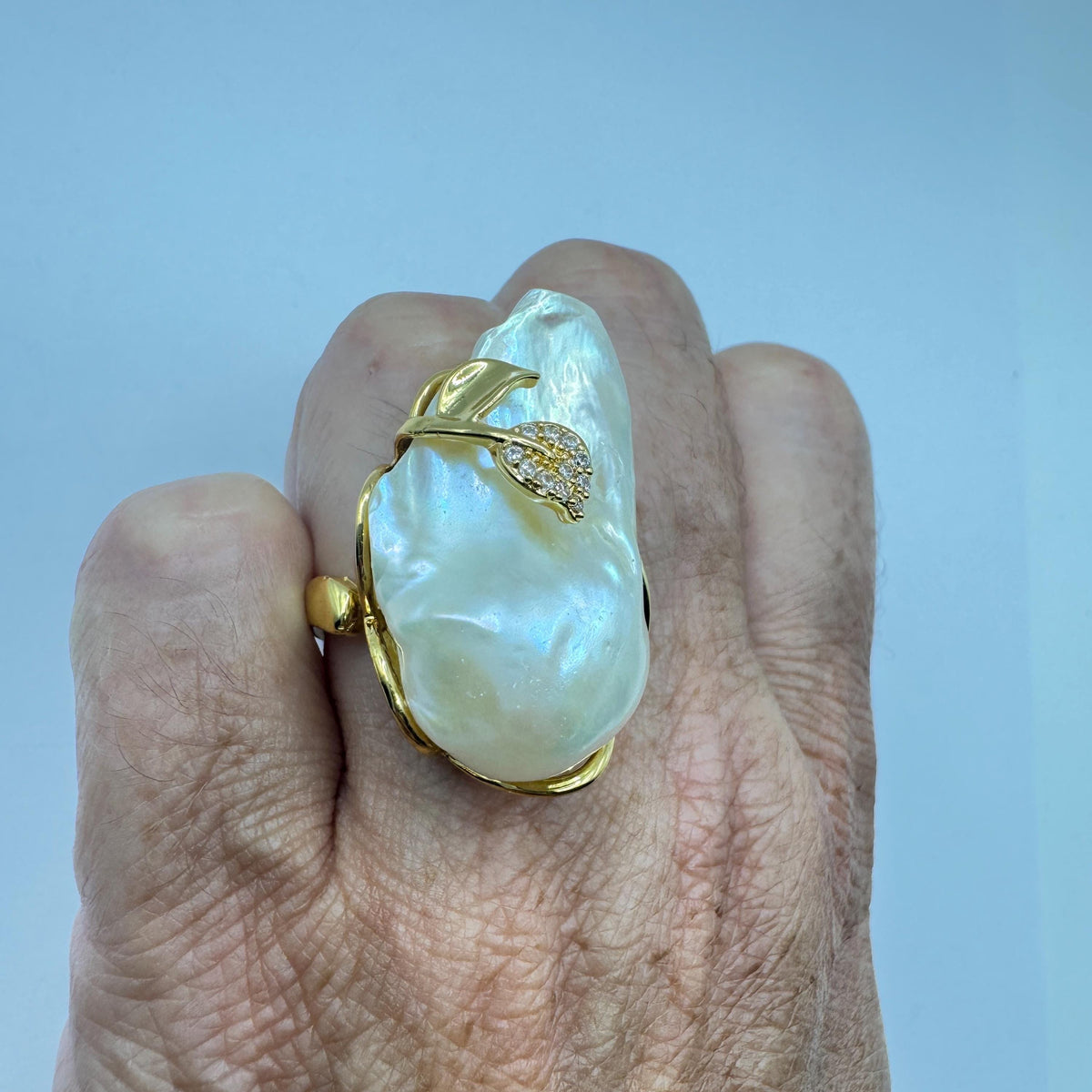 Vintage Biwa Pearl Ring Golden 925 Sterling Silver Cocktail Statement Adjustable
