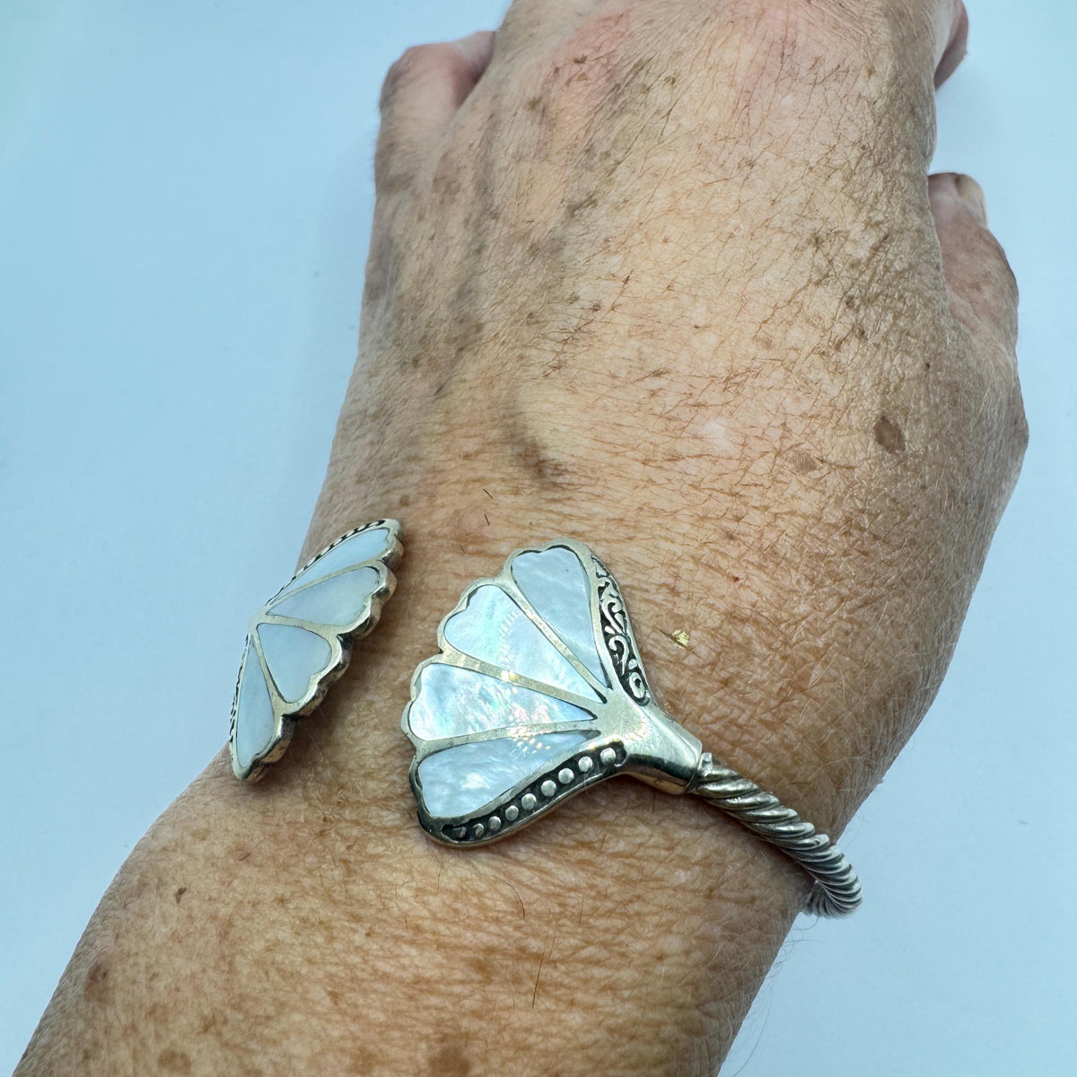 Vintage Mother of Pearl 925 Sterling Silver Cuff Bangle Bracelet