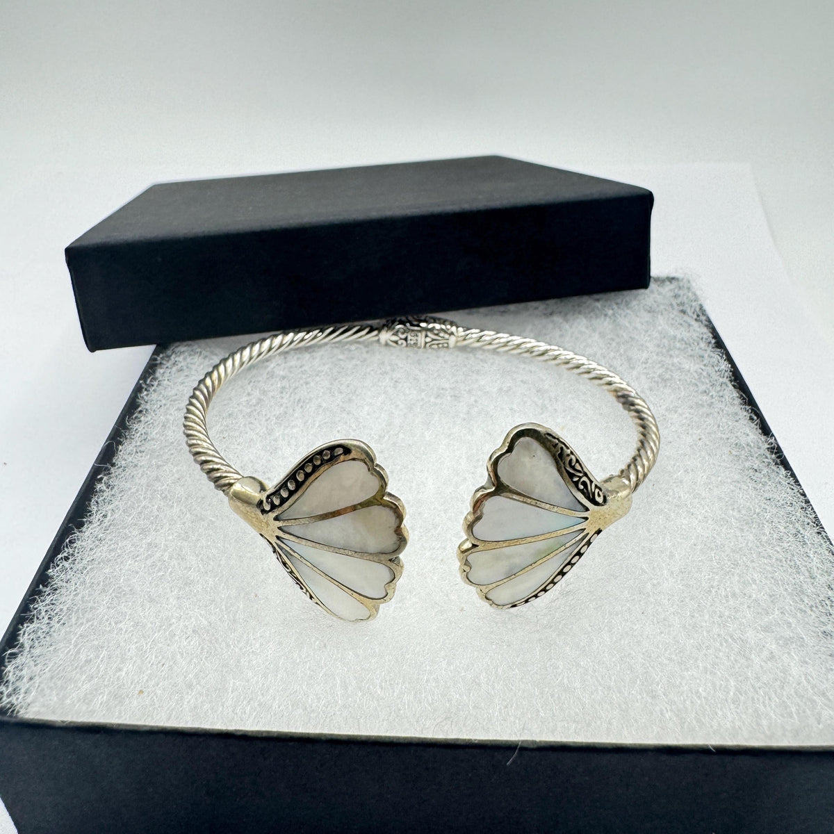 Vintage Mother of Pearl 925 Sterling Silver Cuff Bangle Bracelet