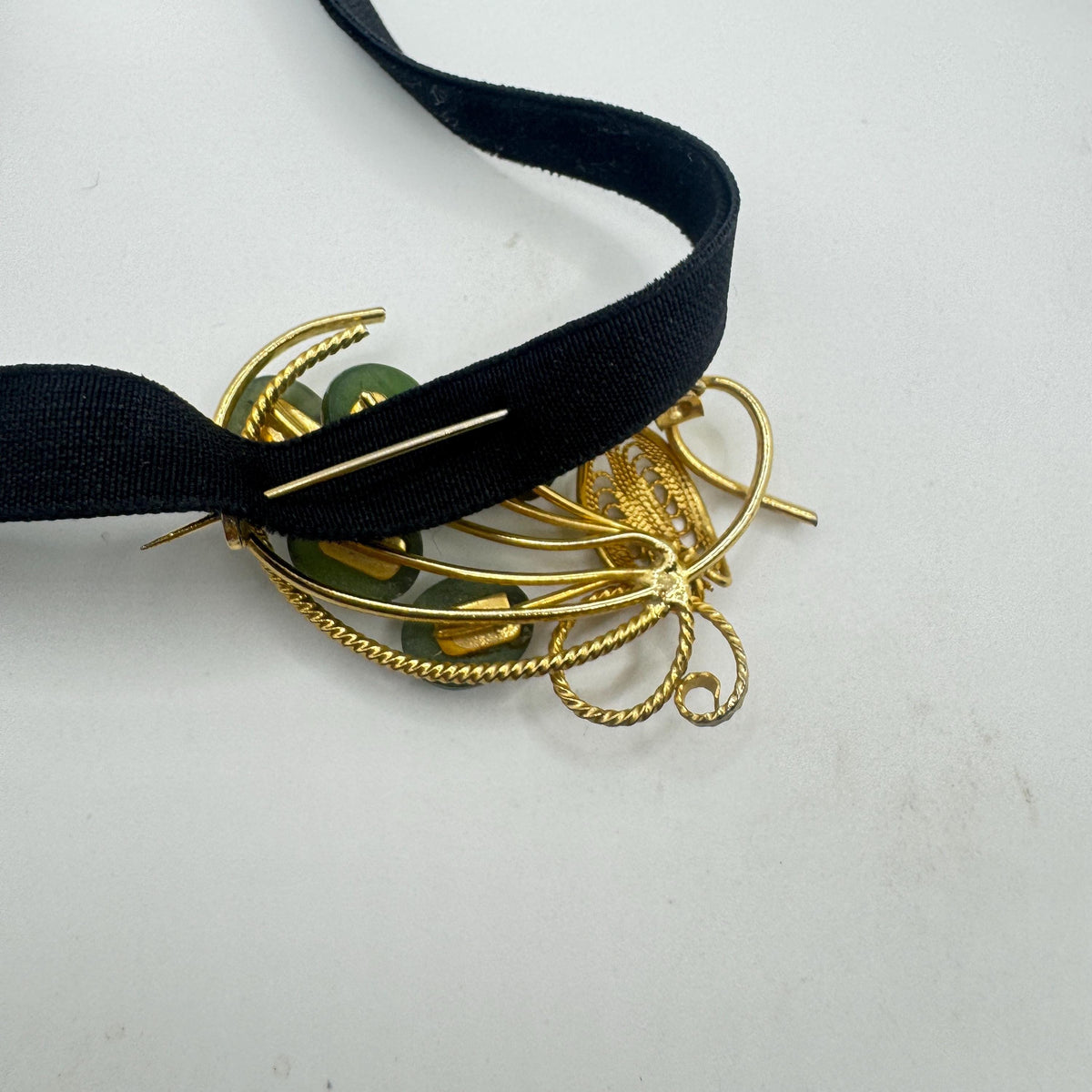 Vintage Green Jade Yellow Golden Filled Brooch Pin