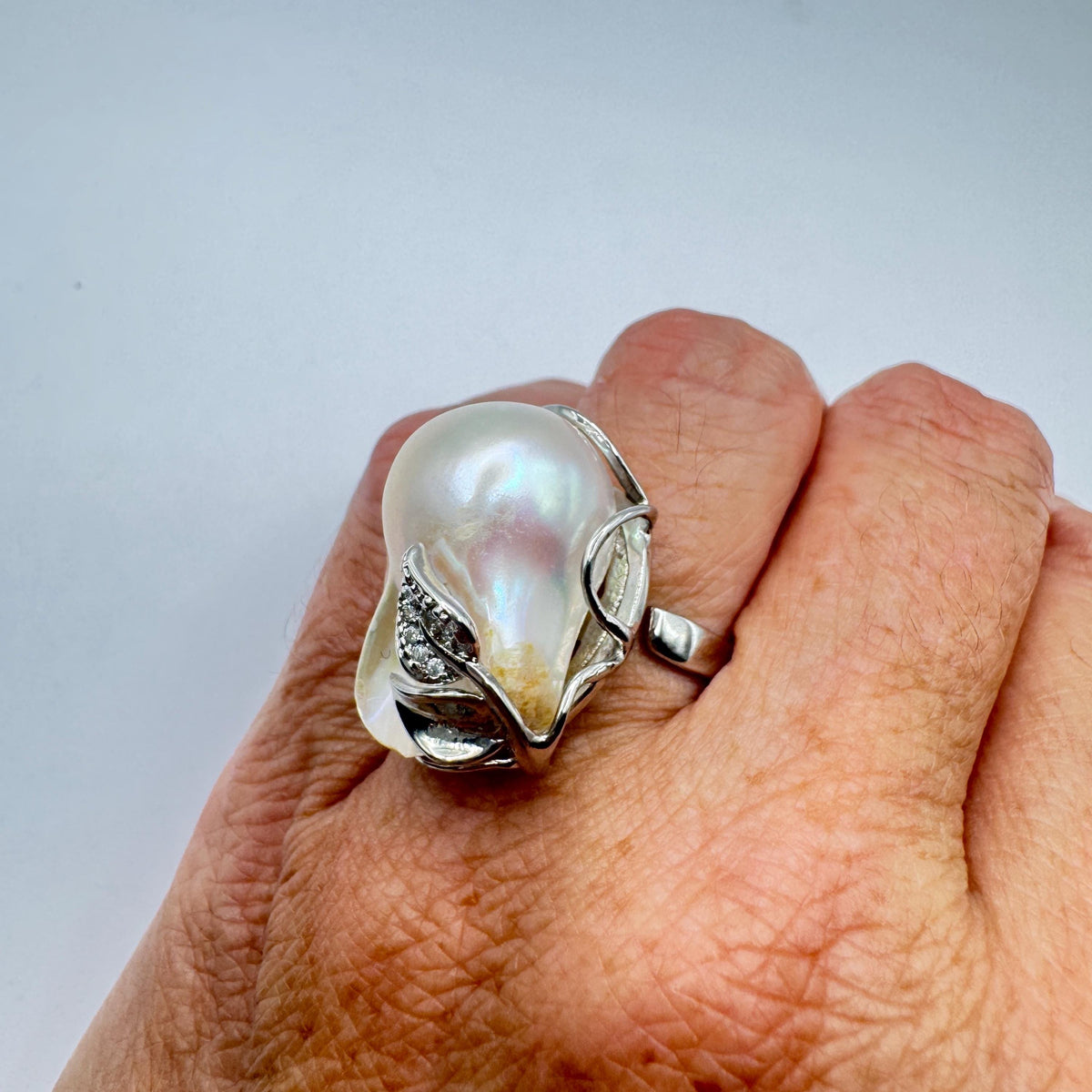 Vintage Biwa Pearl Ring 925 Sterling Silver Cocktail Statement Adjustable