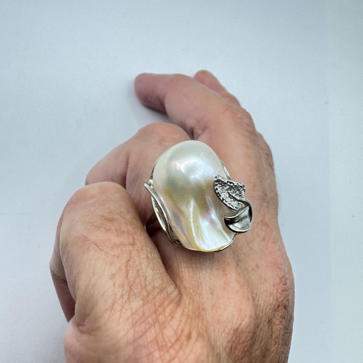 Vintage Biwa Pearl Ring 925 Sterling Silver Cocktail Statement Adjustable