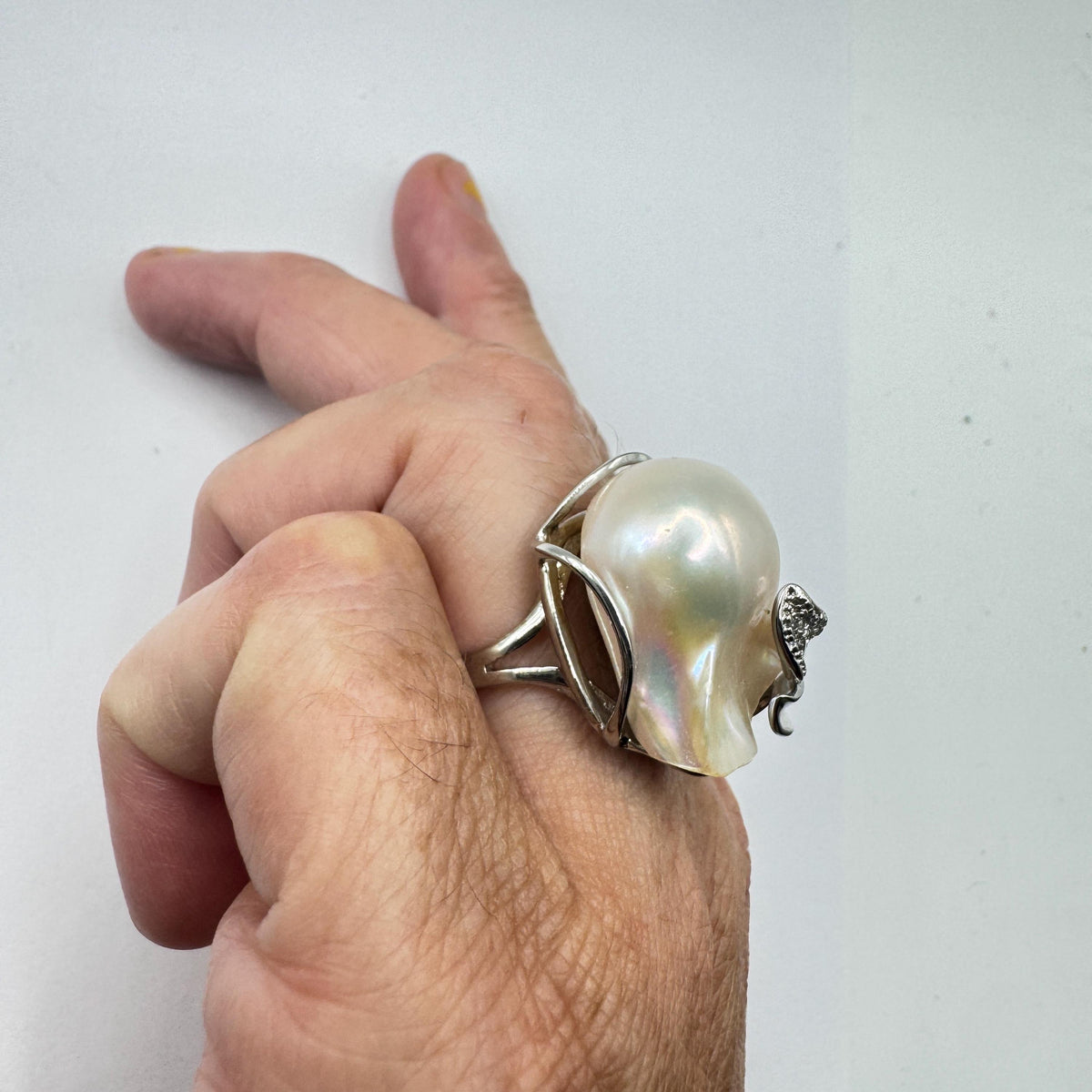 Vintage Biwa Pearl Ring 925 Sterling Silver Cocktail Statement Adjustable