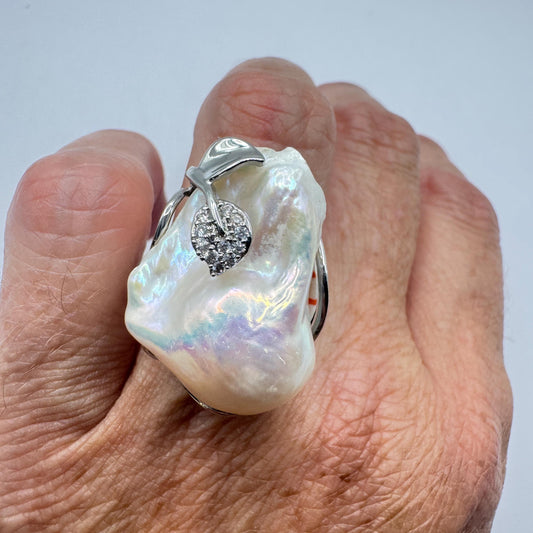 Vintage Biwa Pearl Ring 925 Sterling Silver Cocktail Statement Adjustable