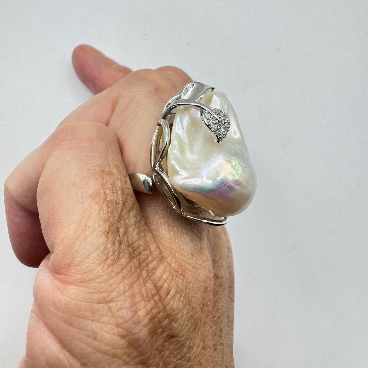 Vintage Biwa Pearl Ring 925 Sterling Silver Cocktail Statement Adjustable