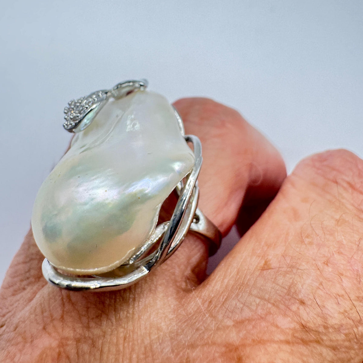 Vintage Biwa Pearl Ring 925 Sterling Silver Cocktail Statement Adjustable
