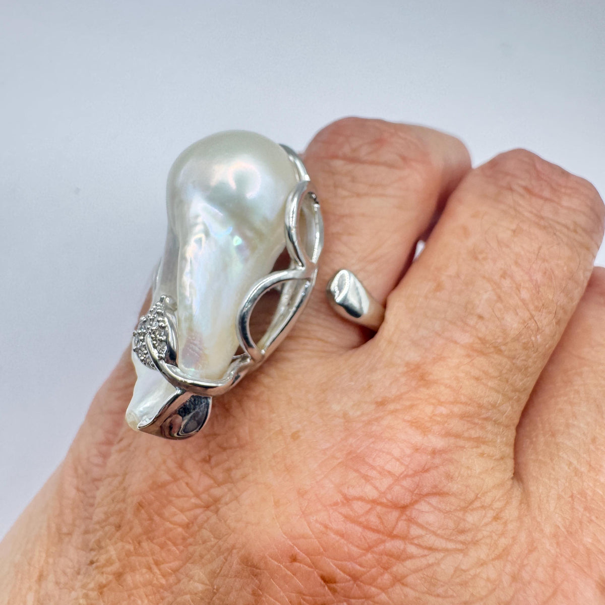Vintage Biwa Pearl Ring 925 Sterling Silver Cocktail Statement Adjustable