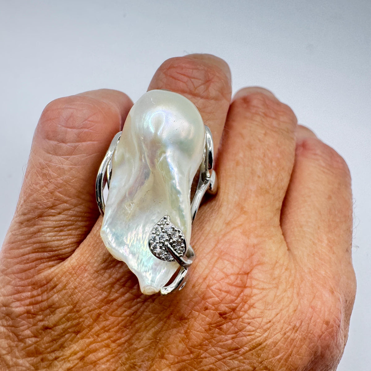 Vintage Biwa Pearl Ring 925 Sterling Silver Cocktail Statement Adjustable