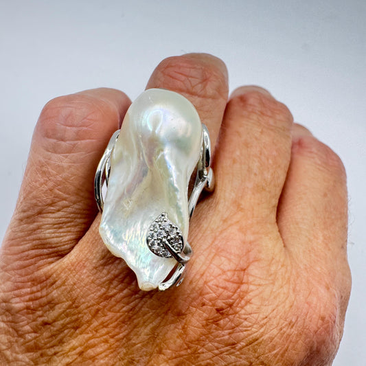 Vintage Biwa Pearl Ring 925 Sterling Silver Cocktail Statement Adjustable
