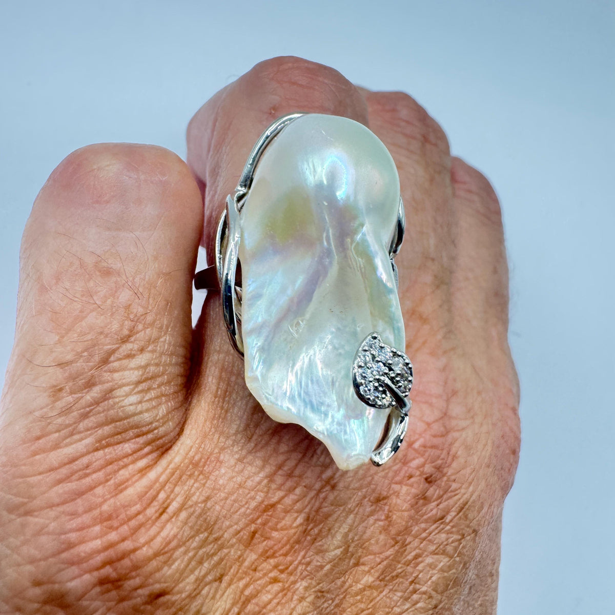 Vintage Biwa Pearl Ring 925 Sterling Silver Cocktail Statement Adjustable