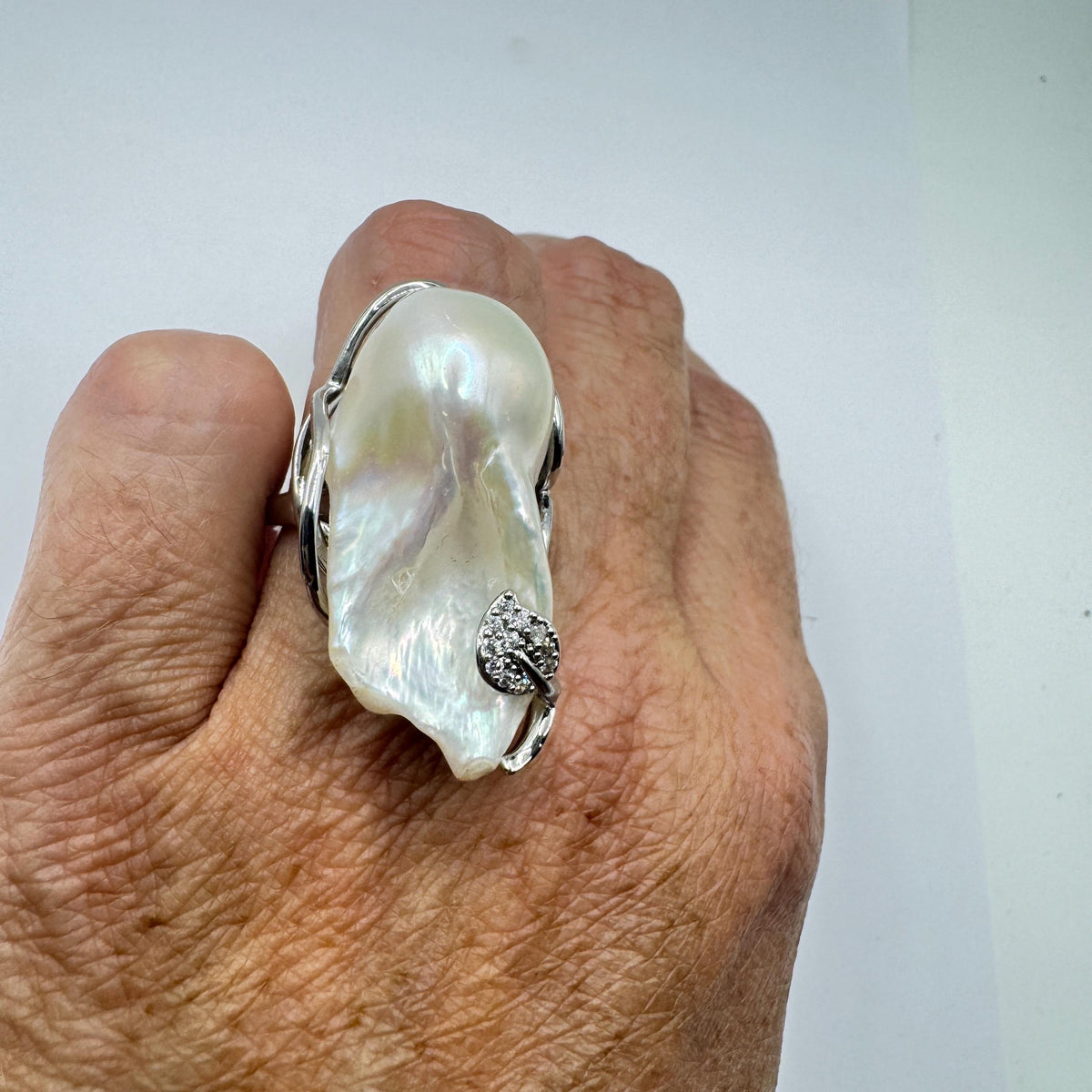 Vintage Biwa Pearl Ring 925 Sterling Silver Cocktail Statement Adjustable