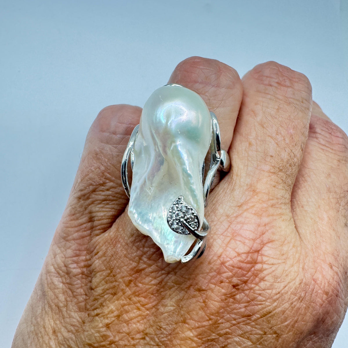Vintage Biwa Pearl Ring 925 Sterling Silver Cocktail Statement Adjustable