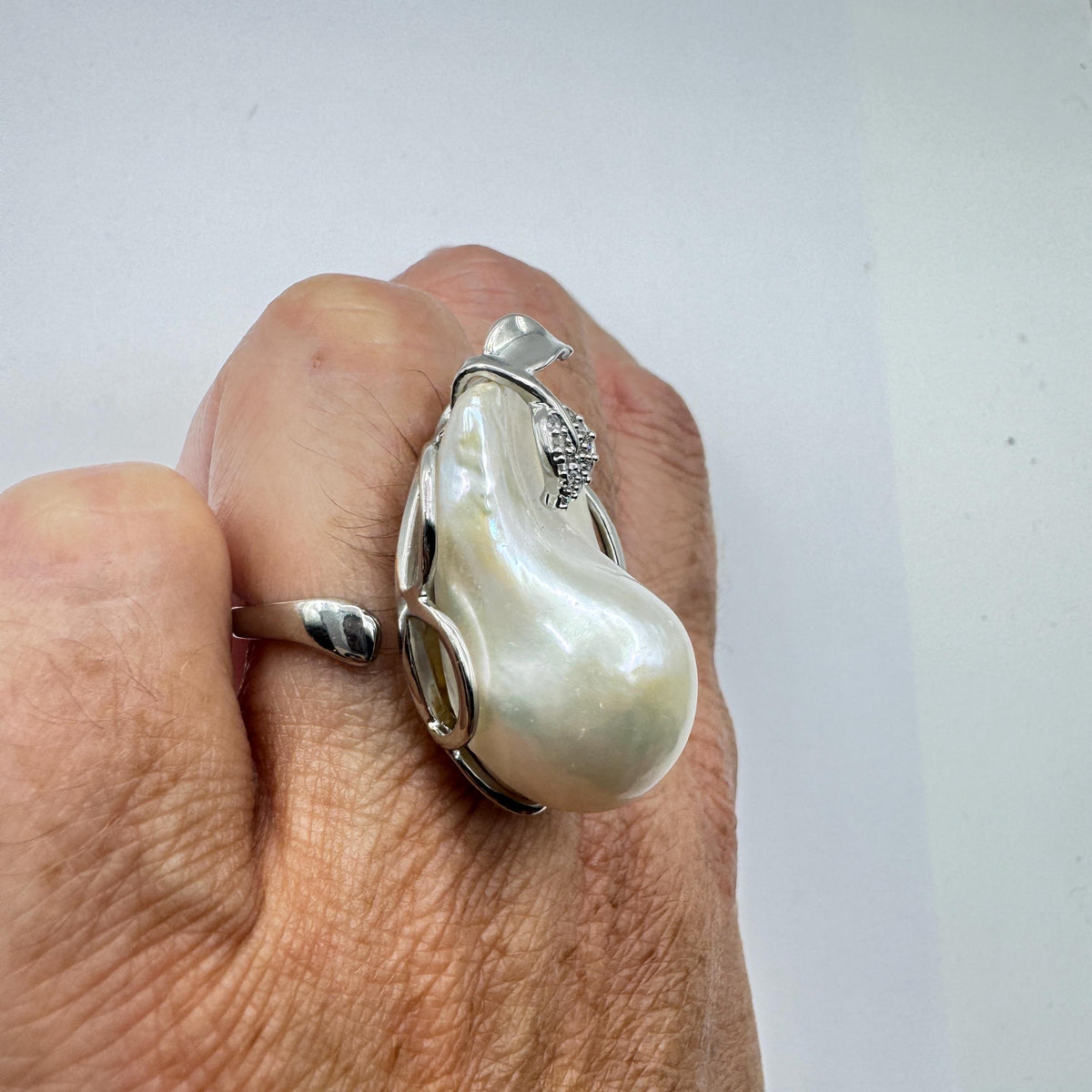 Vintage Biwa Pearl Ring 925 Sterling Silver Cocktail Statement Adjustable