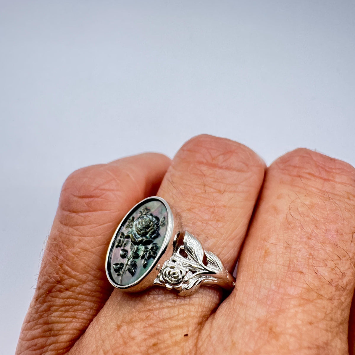 Vintage Rose Flower Abalone Cameo 925 Sterling Silver Ring Adjustable