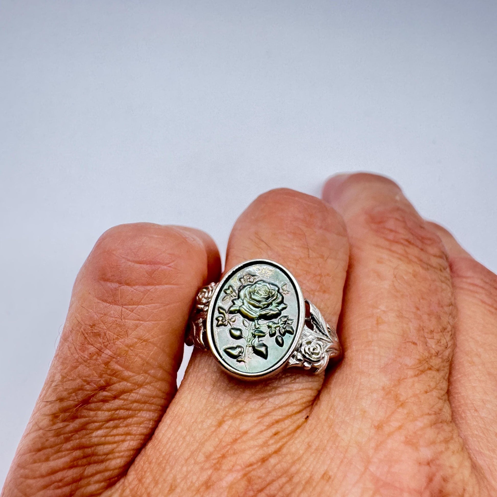 Vintage Rose Flower Abalone Cameo 925 Sterling Silver Ring Adjustable