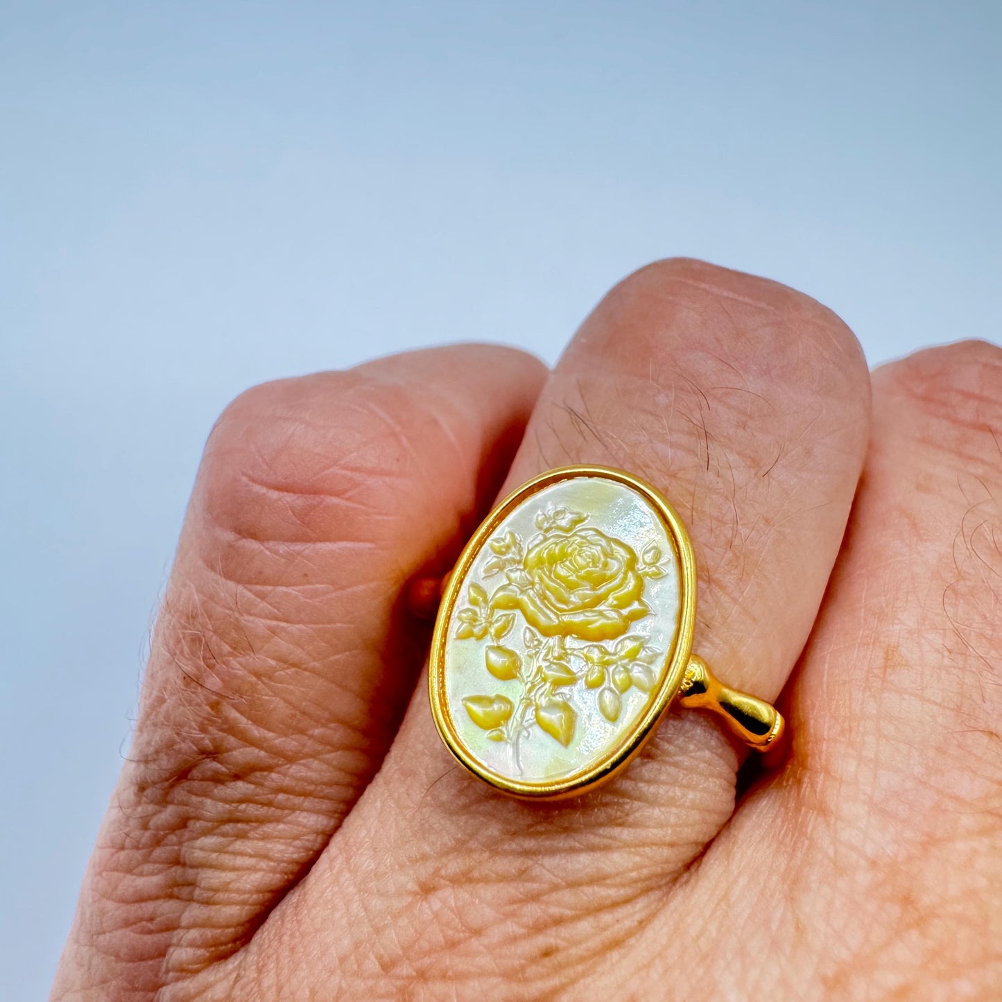 Vintage Rose Flower Abalone Cameo Gold 925 Sterling Silver Ring Adjustable