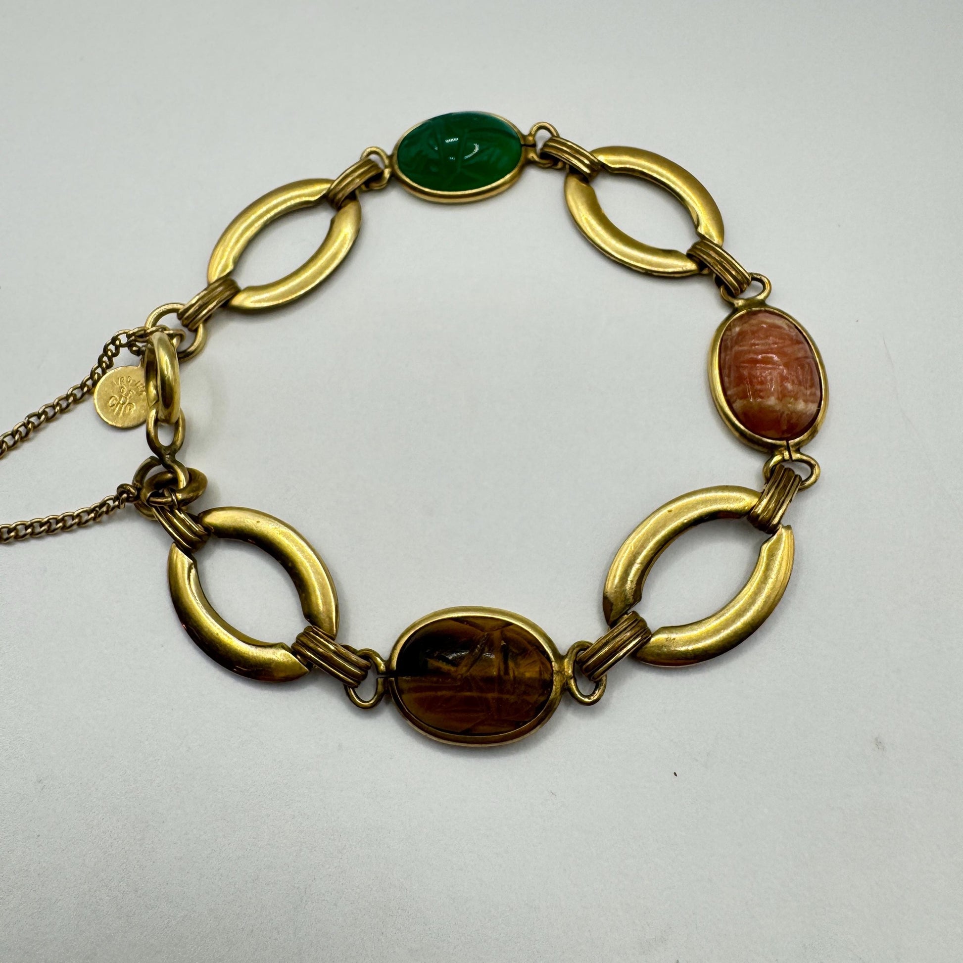 Vintage Scarab Bracelet Golden filled Carved Gemstones