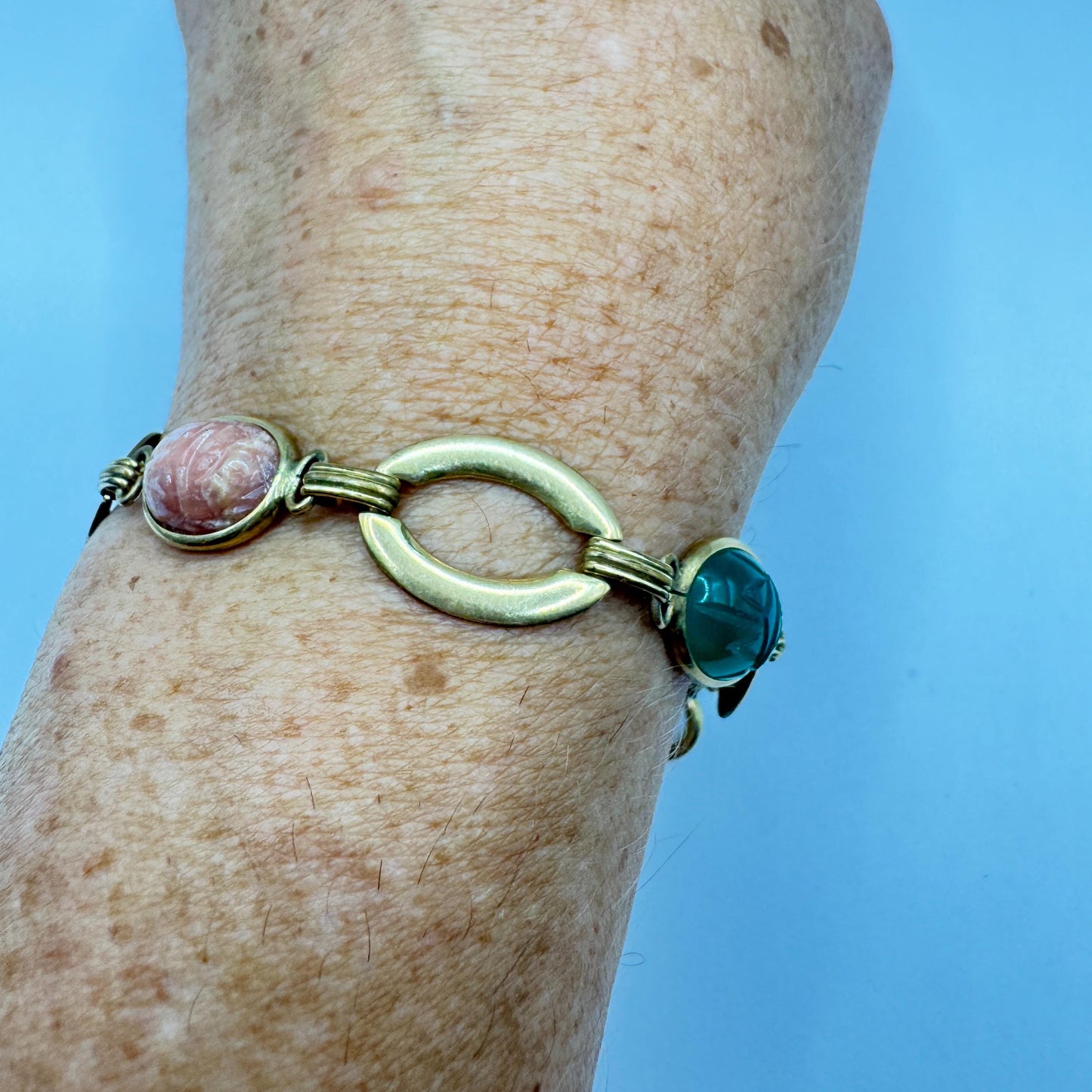 Vintage Scarab Bracelet Golden filled Carved Gemstones
