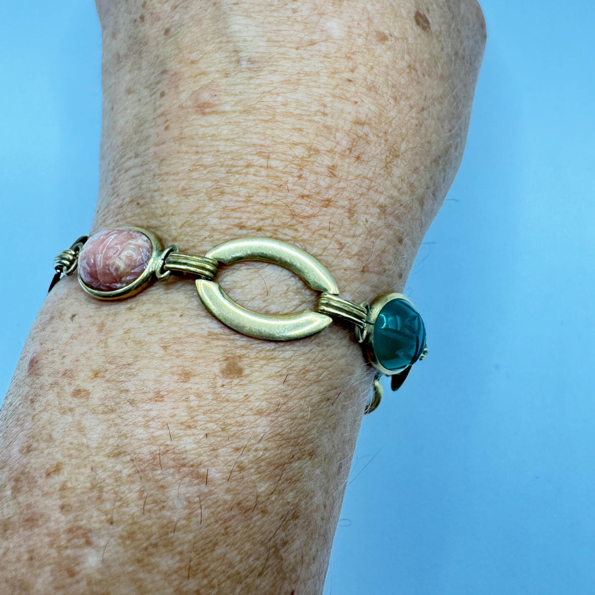 Vintage Scarab Bracelet Golden filled Carved Gemstones