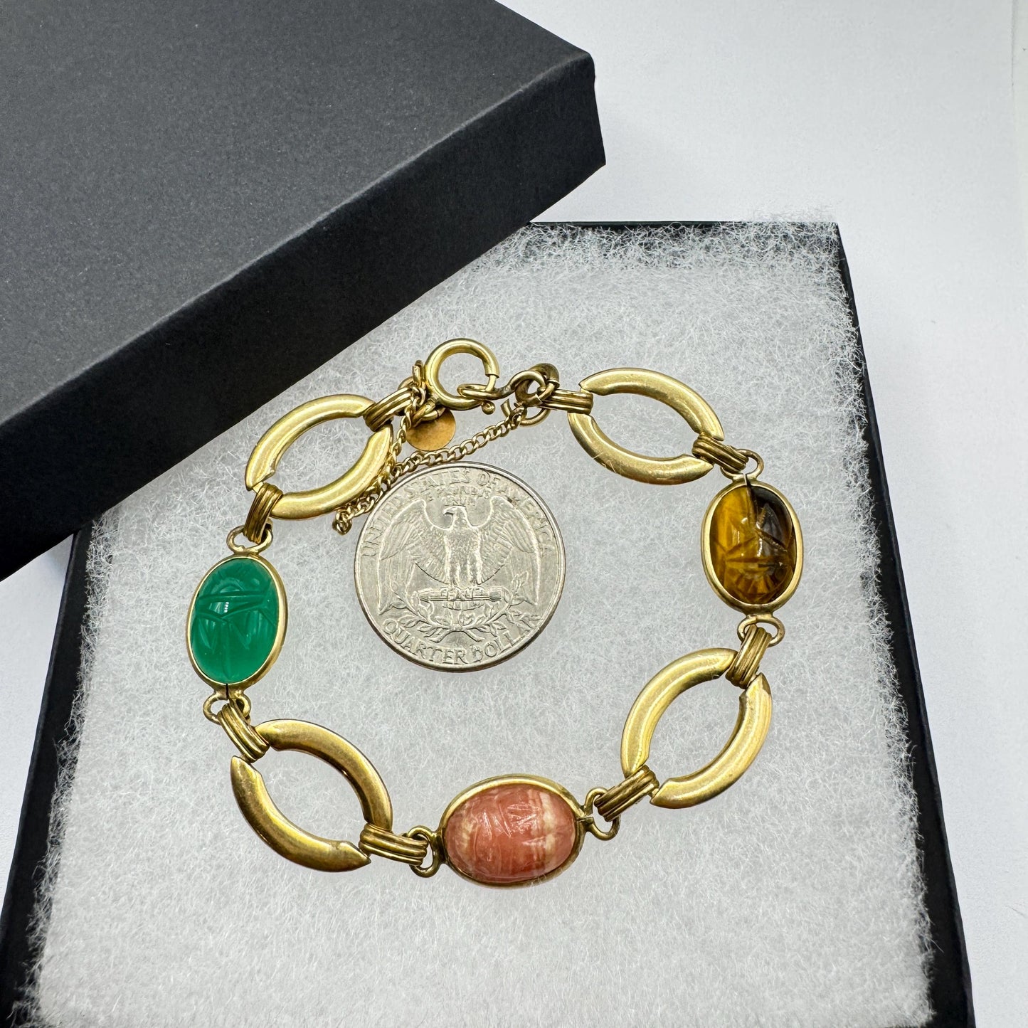 Vintage Scarab Bracelet Golden filled Carved Gemstones