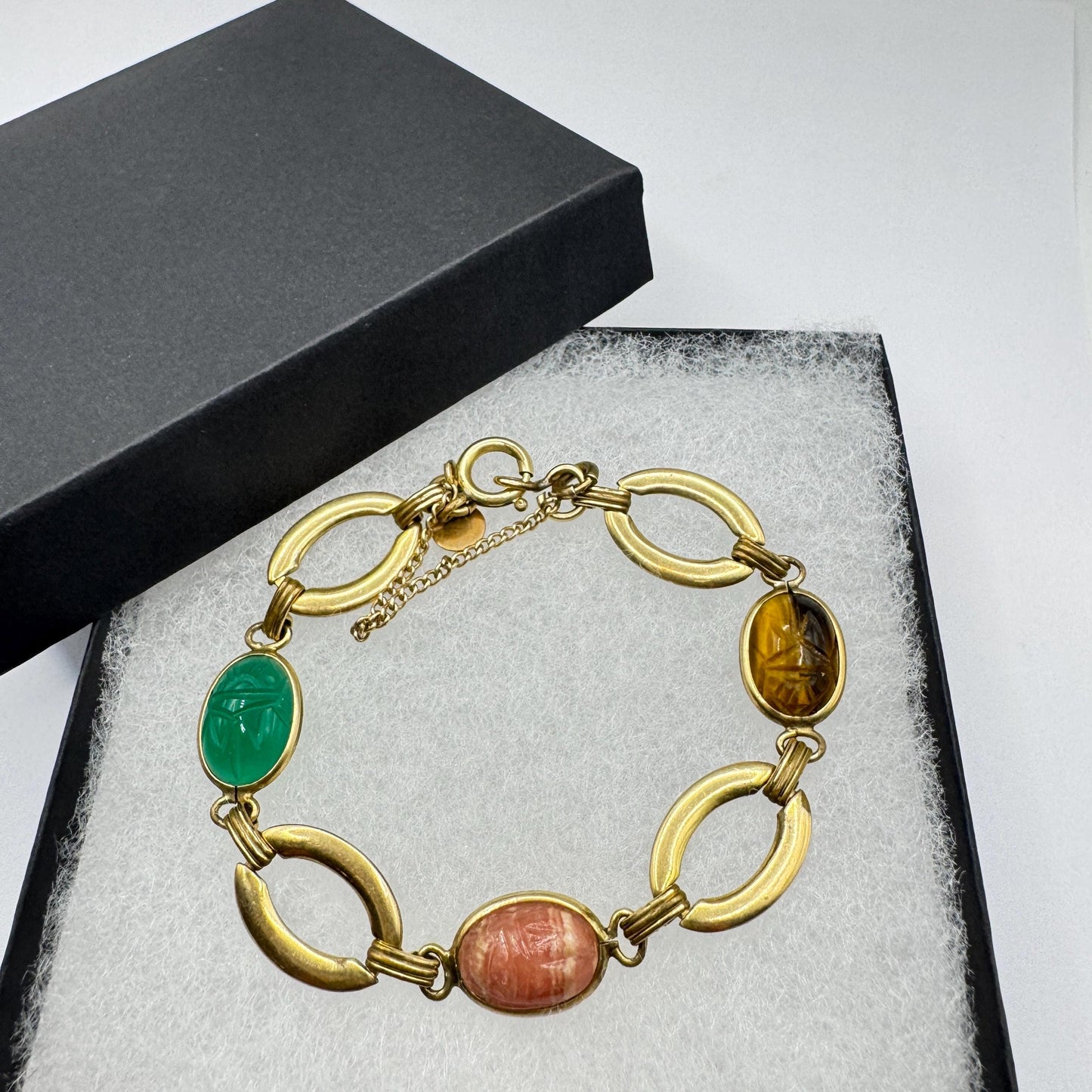 Vintage Scarab Bracelet Golden filled Carved Gemstones