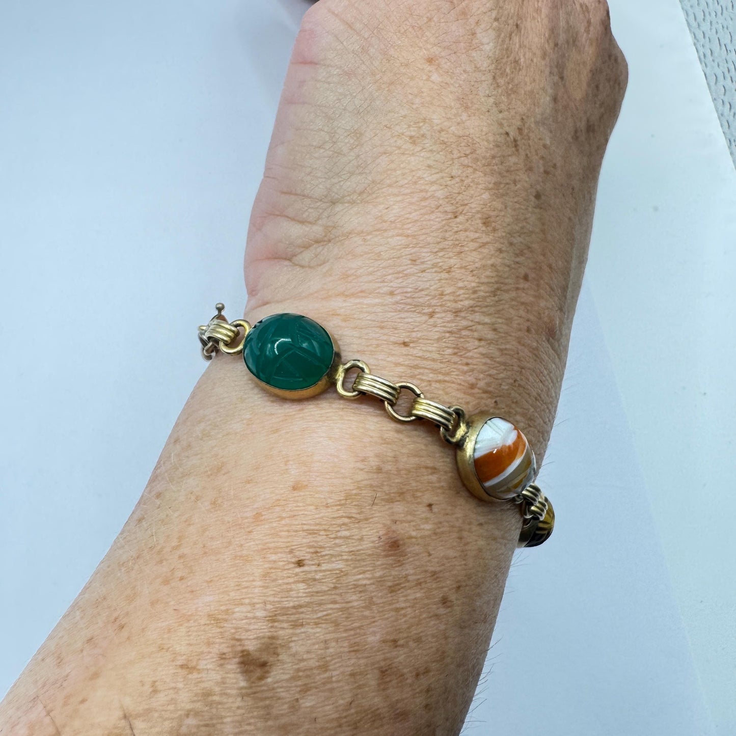 Vintage Scarab Bracelet Golden filled Carved Gemstones