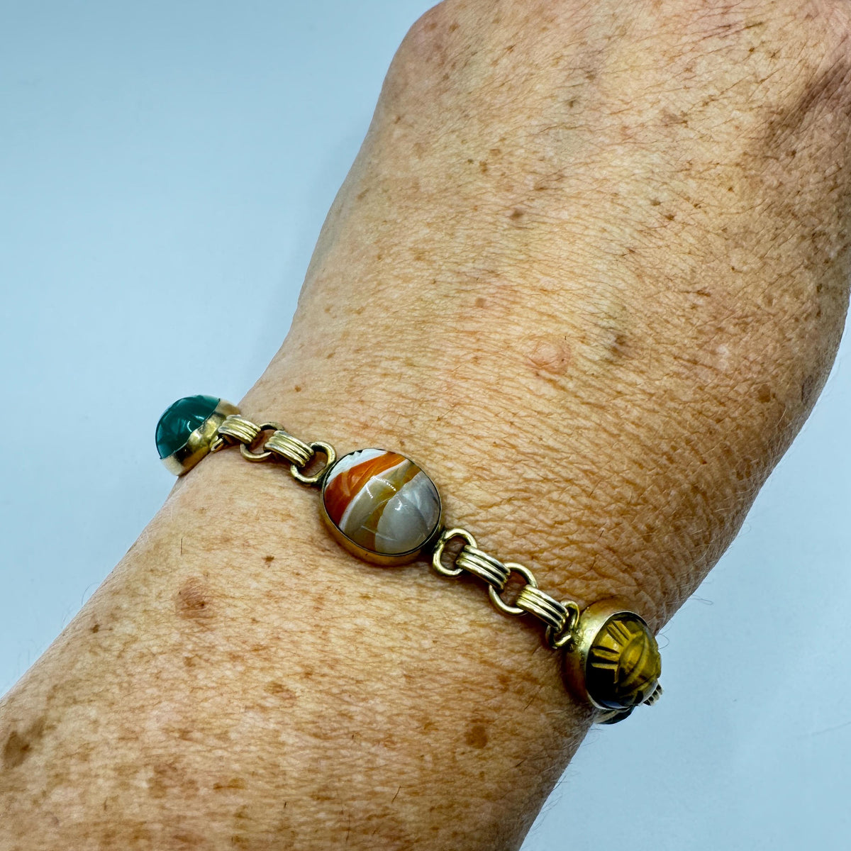 Vintage Scarab Bracelet Golden filled Carved Gemstones