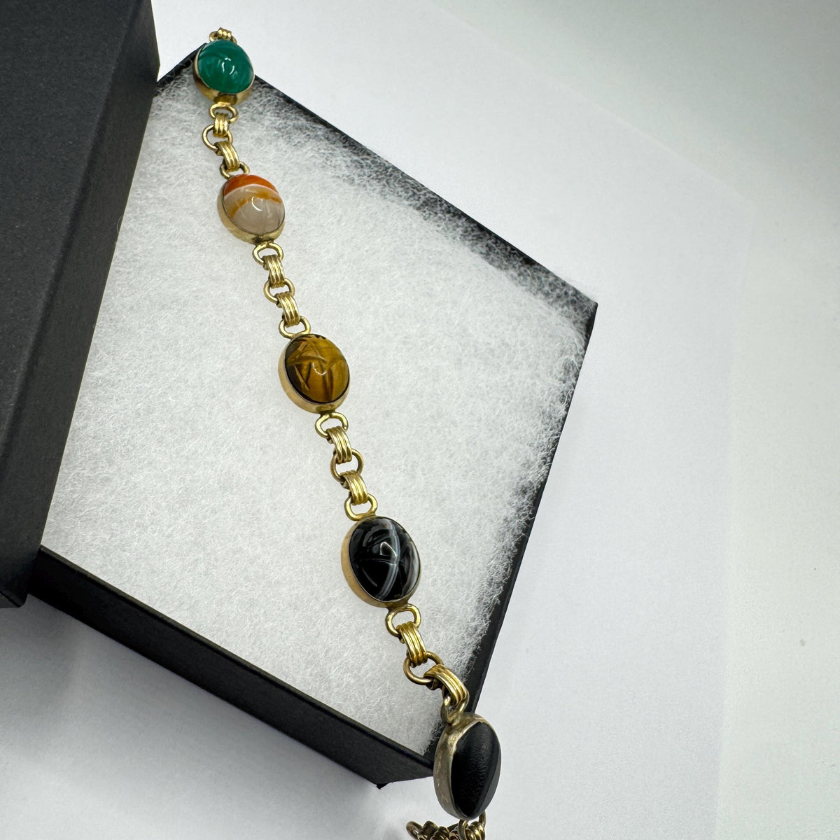 Vintage Scarab Bracelet Golden filled Carved Gemstones