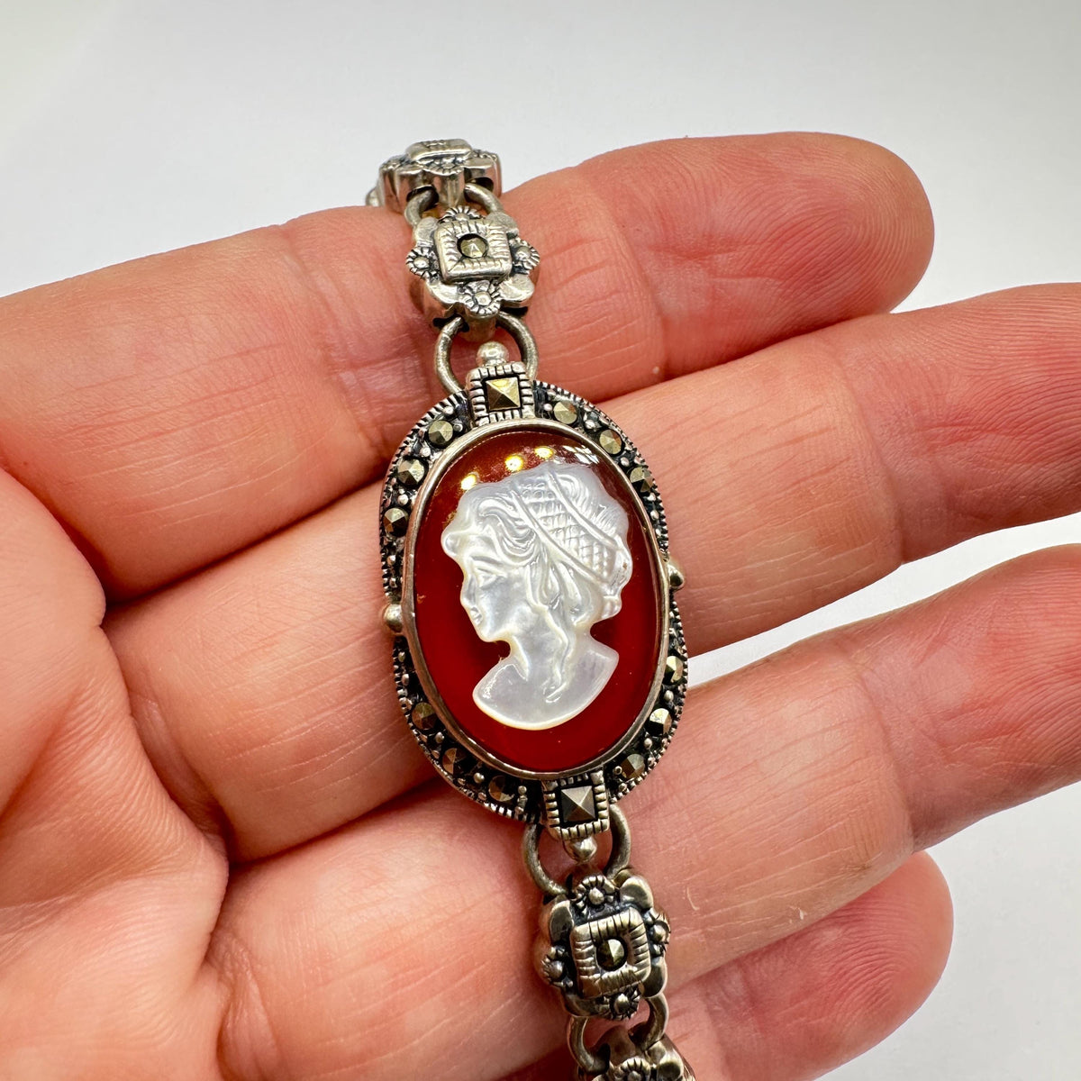 Vintage Cameo Bracelet 925 sterling silver marcasite
