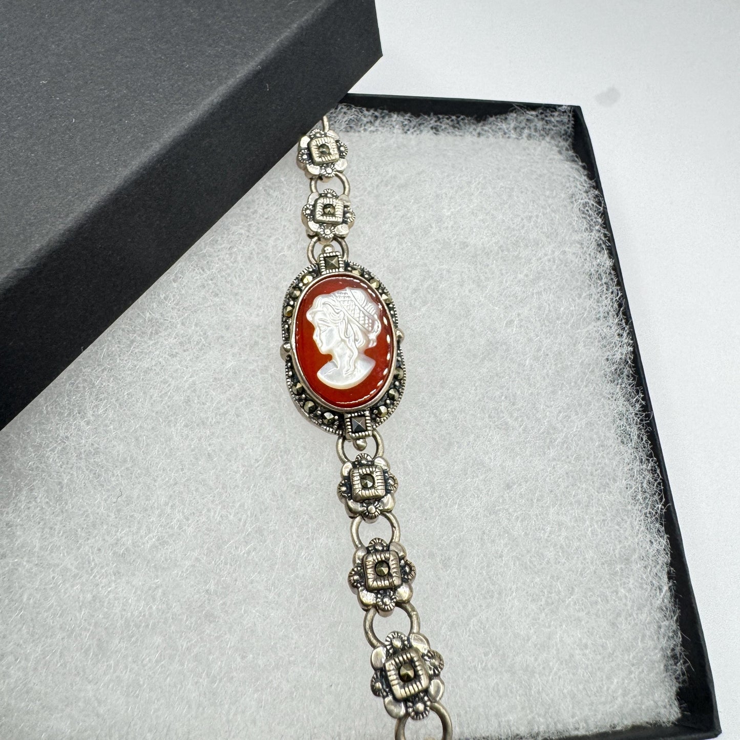 Vintage Cameo Bracelet 925 sterling silver marcasite