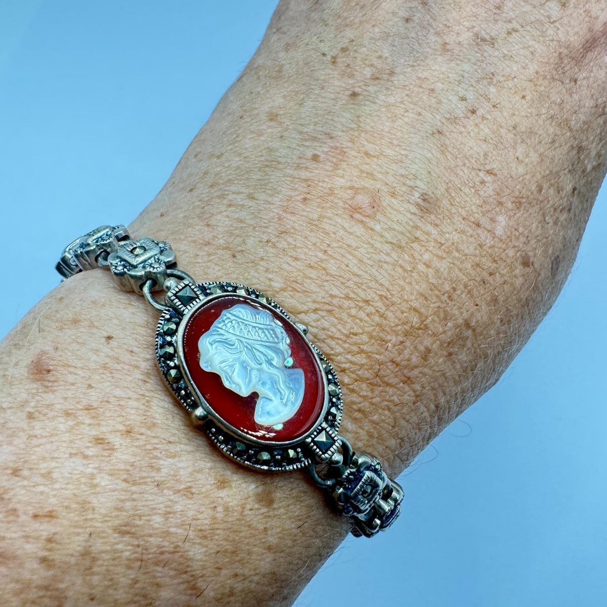 Vintage Cameo Bracelet 925 sterling silver marcasite