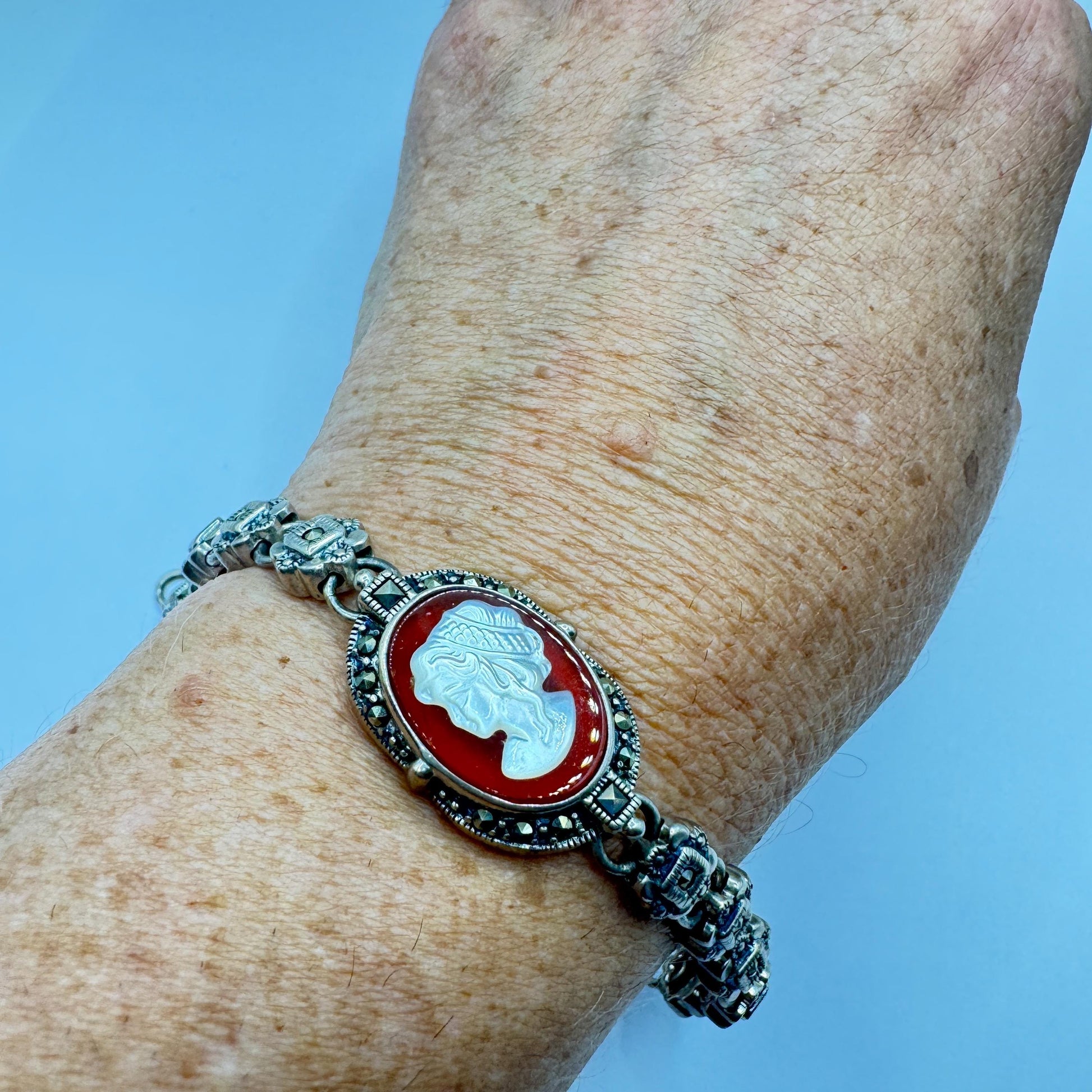 Vintage Cameo Bracelet 925 sterling silver marcasite