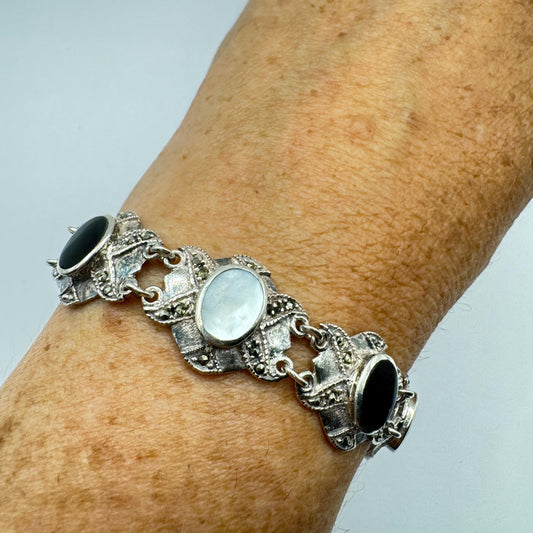 Vintage 925 Sterling Silver Marcacite Black Onyx Mother of Pearl Bracelet