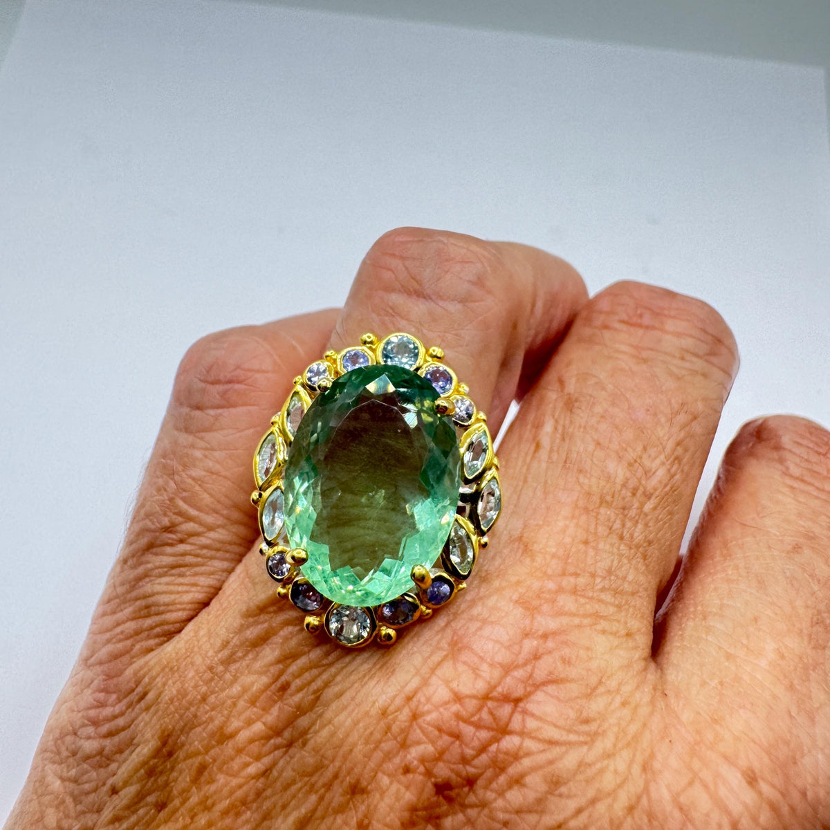 Vintage Handmade Genuine Green Flourite White Sapphire Setting 925 Sterling Silver Ring