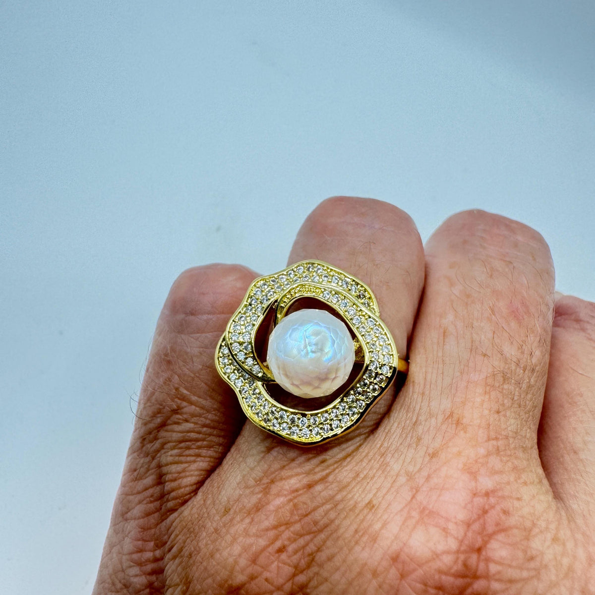 Vintage Biwa Pearl Ring Golden 925 Sterling Silver Cocktail Statement Adjustable