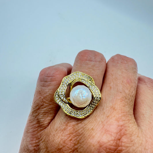 Vintage Biwa Pearl Ring Golden 925 Sterling Silver Cocktail Statement Adjustable
