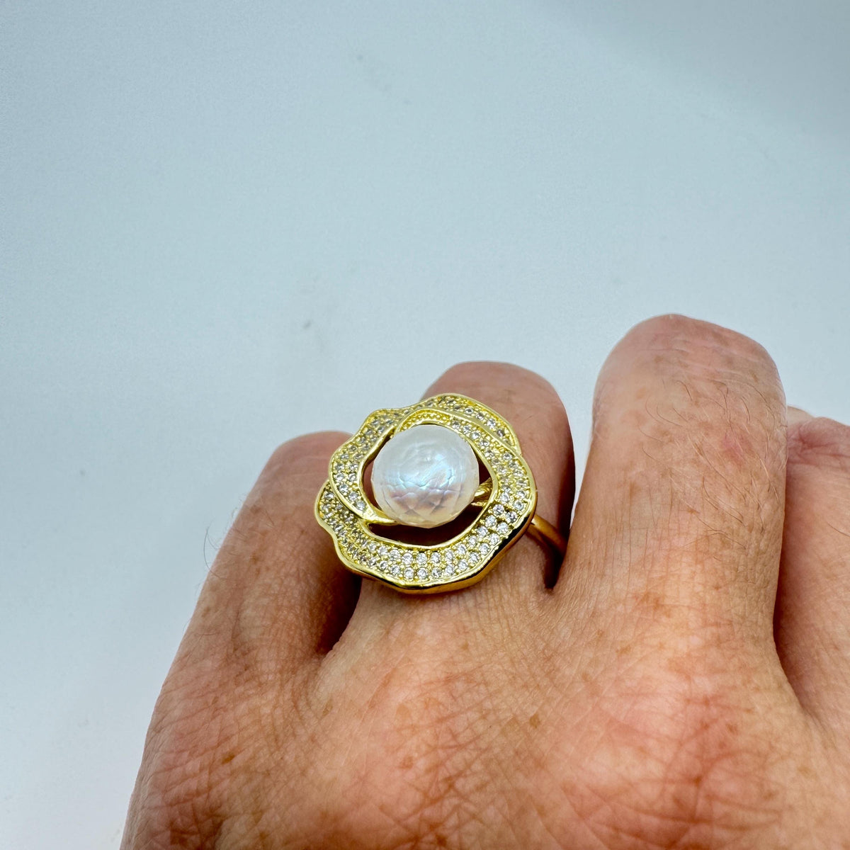 Vintage Biwa Pearl Ring Golden 925 Sterling Silver Cocktail Statement Adjustable