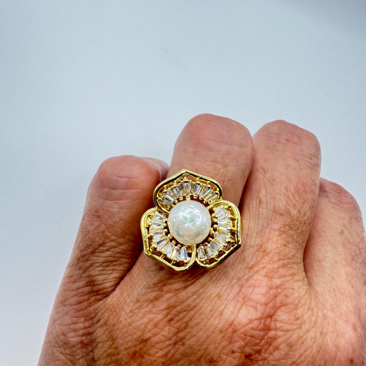 Vintage Biwa Pearl Ring Golden 925 Sterling Silver Cocktail Statement Adjustable