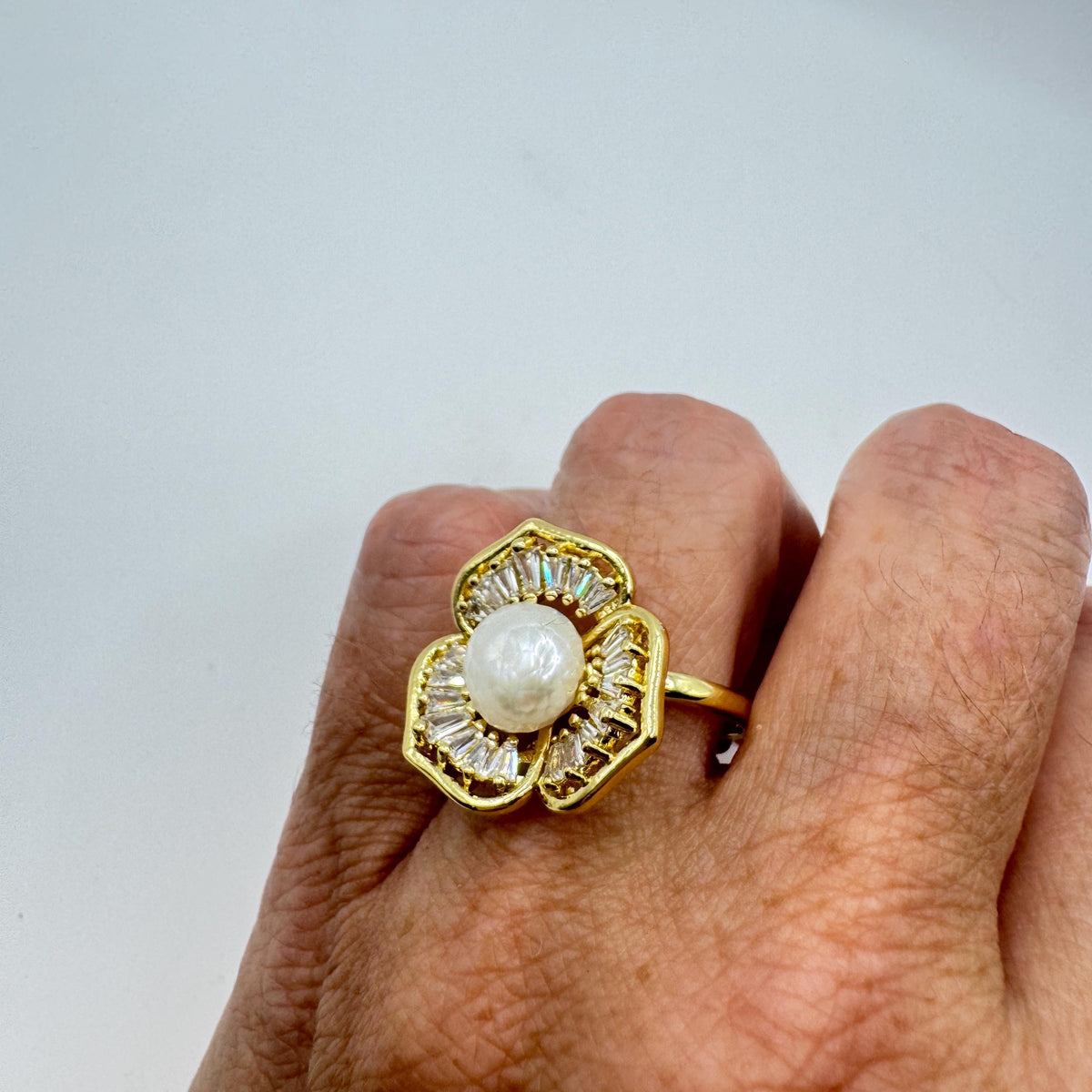 Vintage Biwa Pearl Ring Golden 925 Sterling Silver Cocktail Statement Adjustable
