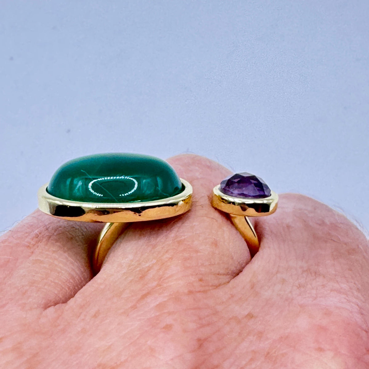Vintage Green Onyx Purple Amethyst Ring Golden Bronze Cocktail Statement Adjustable