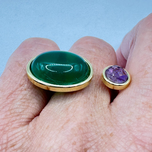 Vintage Green Onyx Purple Amethyst Ring Golden Bronze Cocktail Statement Adjustable