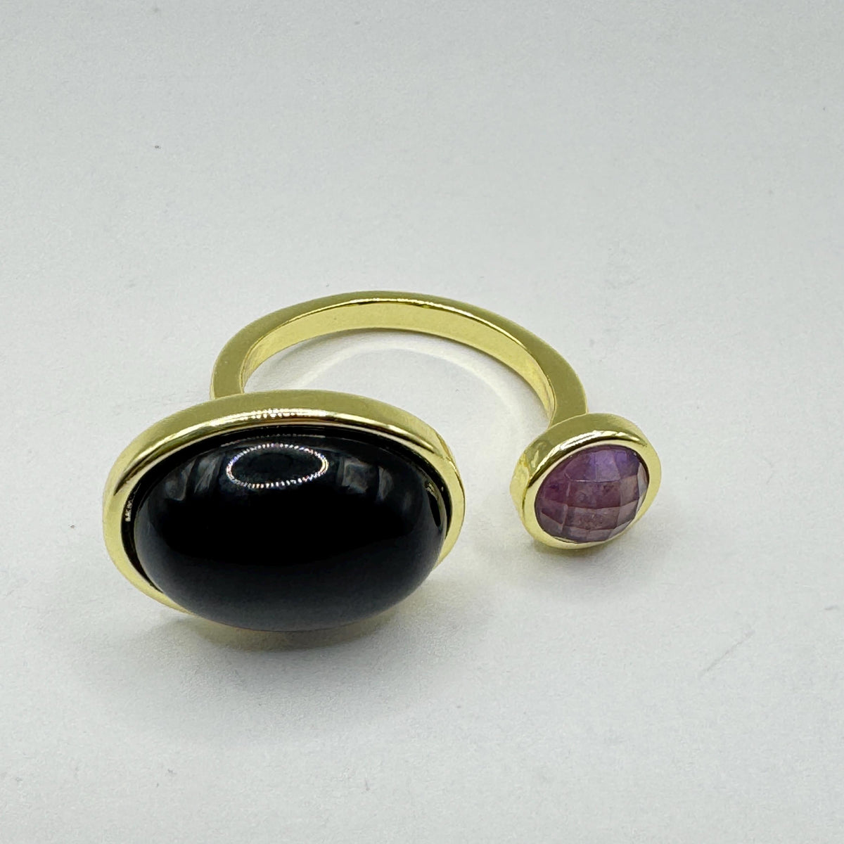 Vintage Black Onyx Purple Amethyst Ring Golden Bronze Cocktail Statement Adjustable