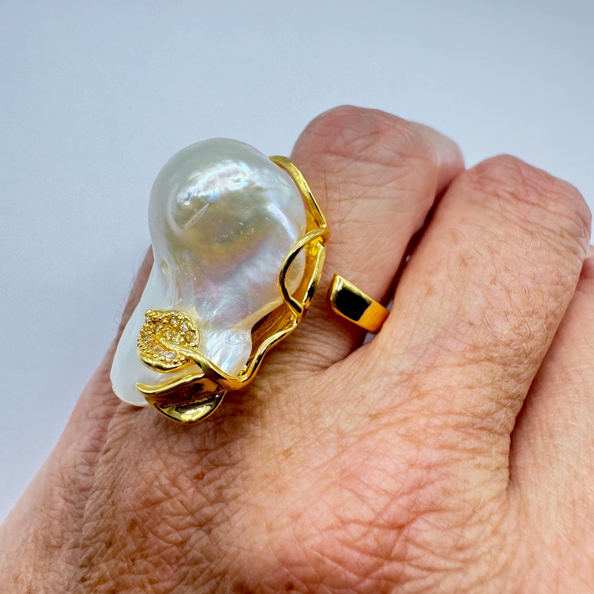 Vintage Biwa Pearl Ring Golden 925 Sterling Silver Cocktail Statement Adjustable