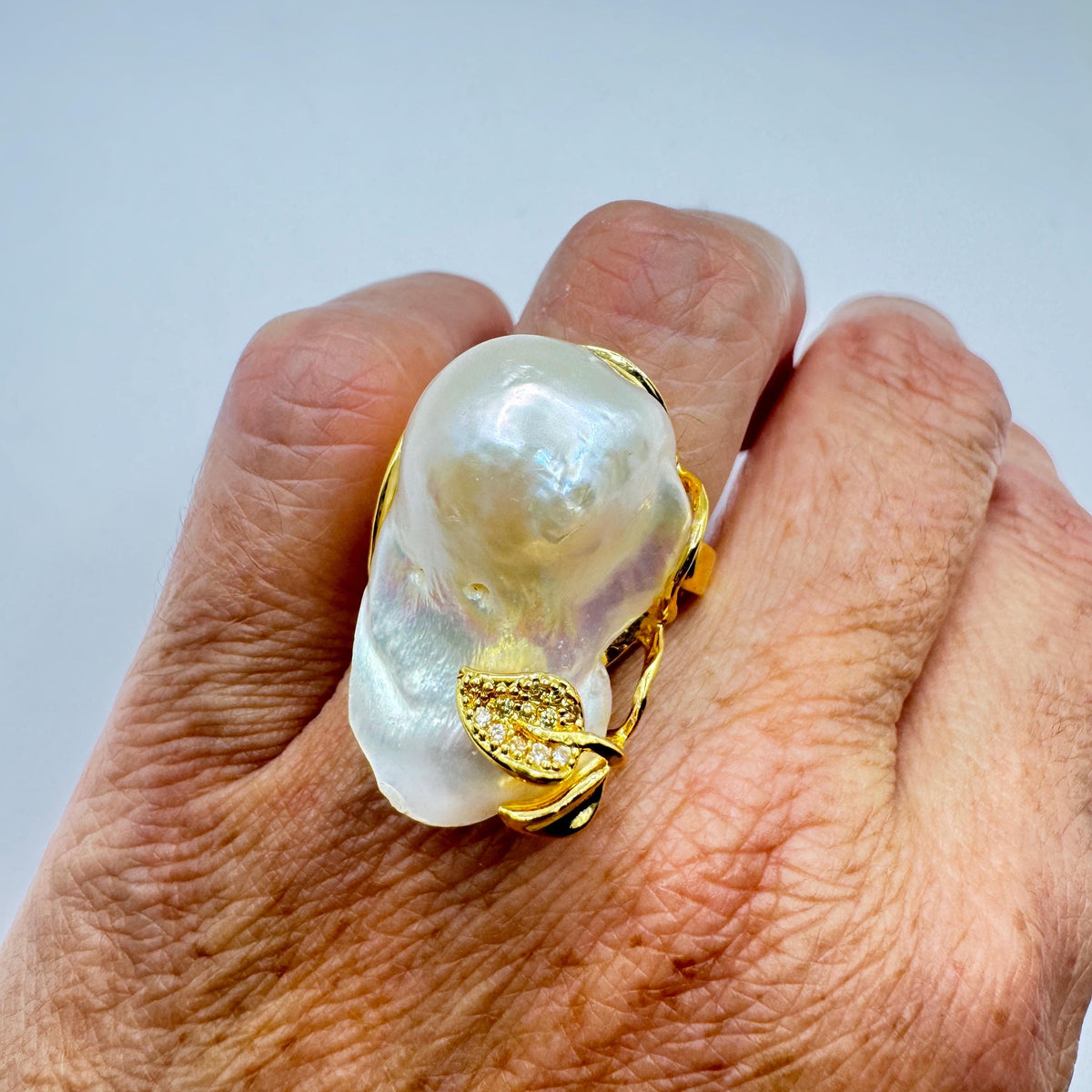 Vintage Biwa Pearl Ring Golden 925 Sterling Silver Cocktail Statement Adjustable