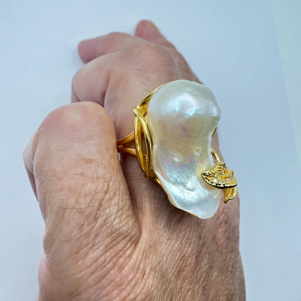 Vintage Biwa Pearl Ring Golden 925 Sterling Silver Cocktail Statement Adjustable