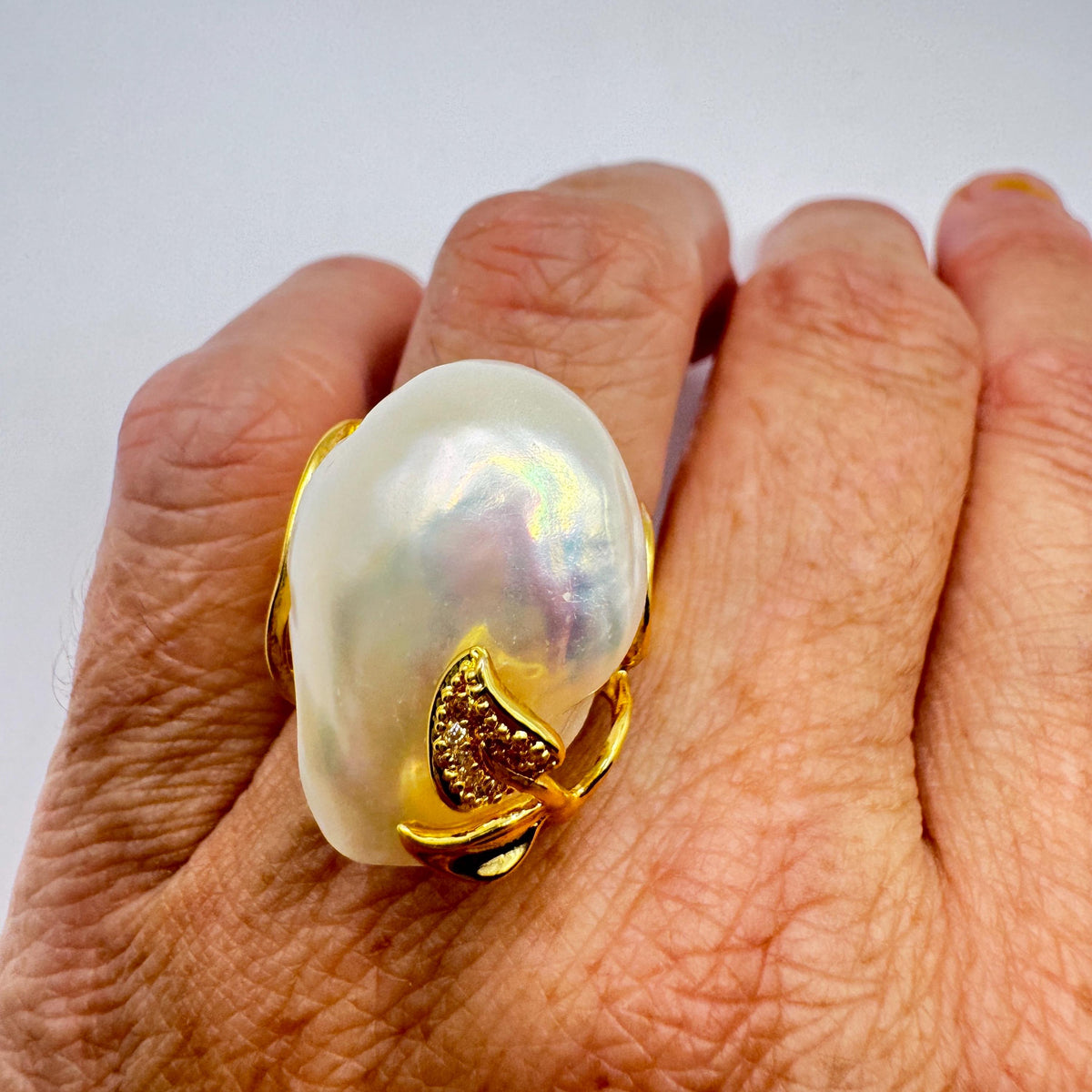 Vintage Biwa Pearl Ring Golden 925 Sterling Silver Cocktail Statement Adjustable
