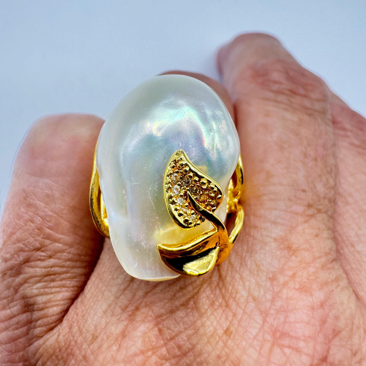 Vintage Biwa Pearl Ring Golden 925 Sterling Silver Cocktail Statement Adjustable