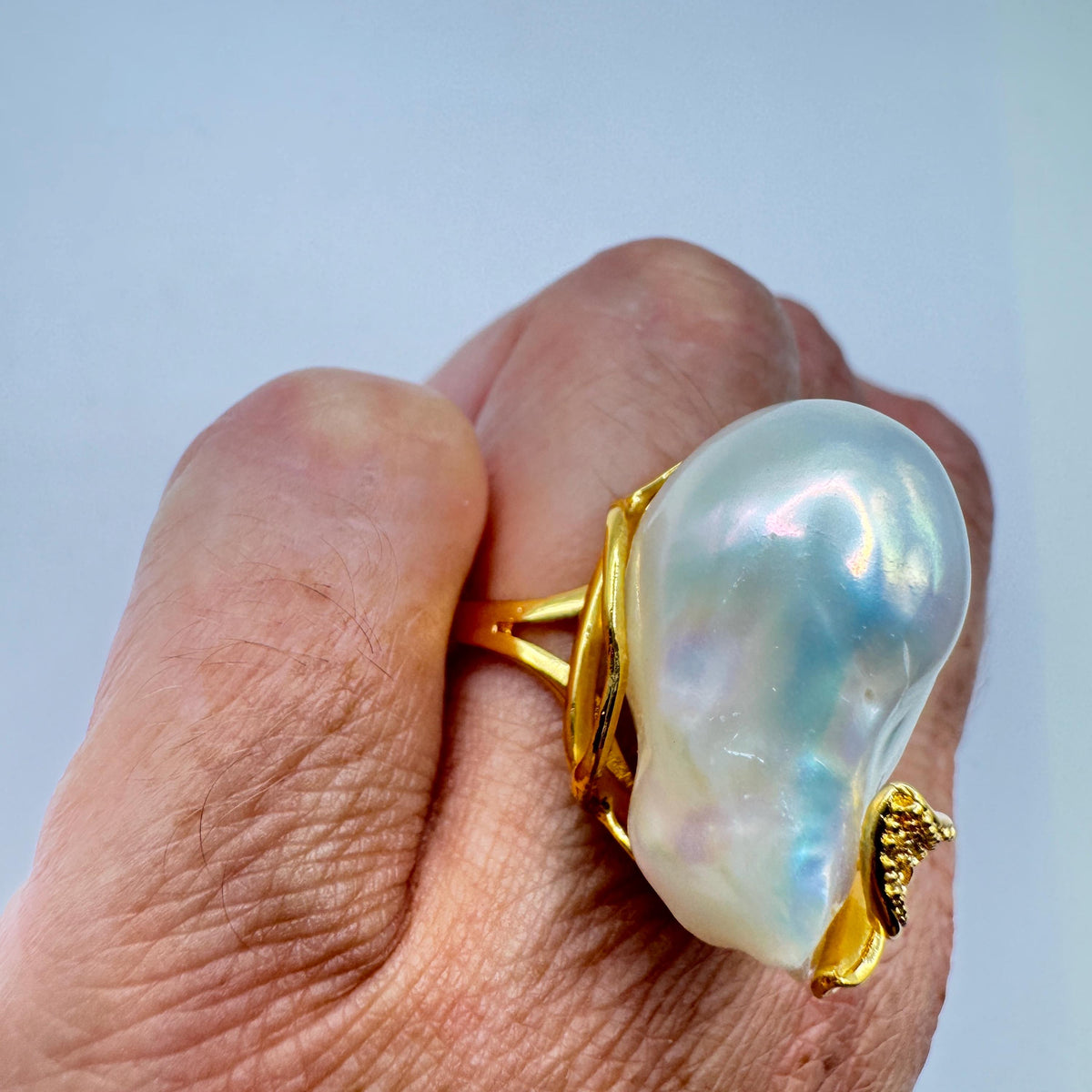 Vintage Biwa Pearl Ring Golden 925 Sterling Silver Cocktail Statement Adjustable