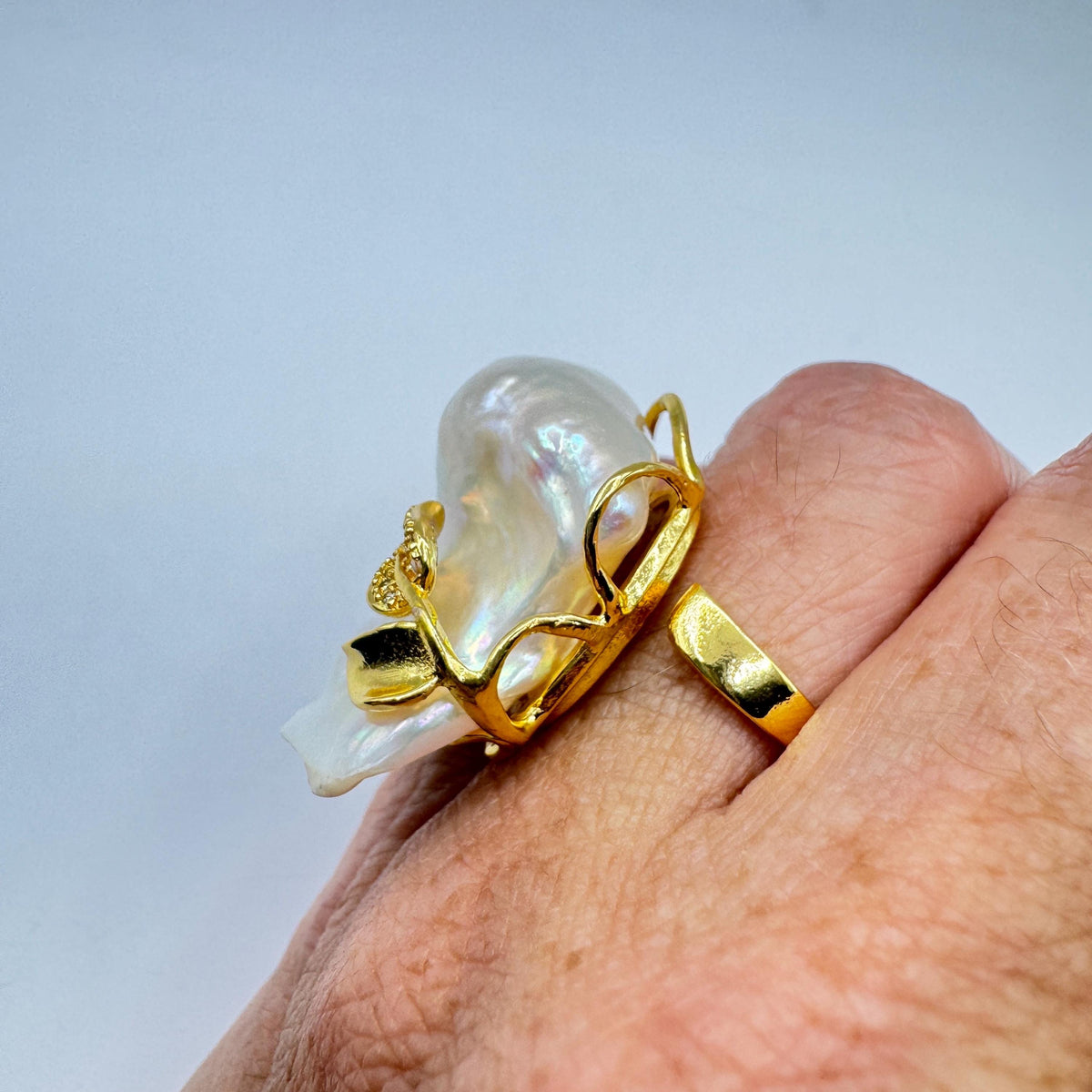 Vintage Biwa Pearl Ring Golden 925 Sterling Silver Cocktail Statement Adjustable