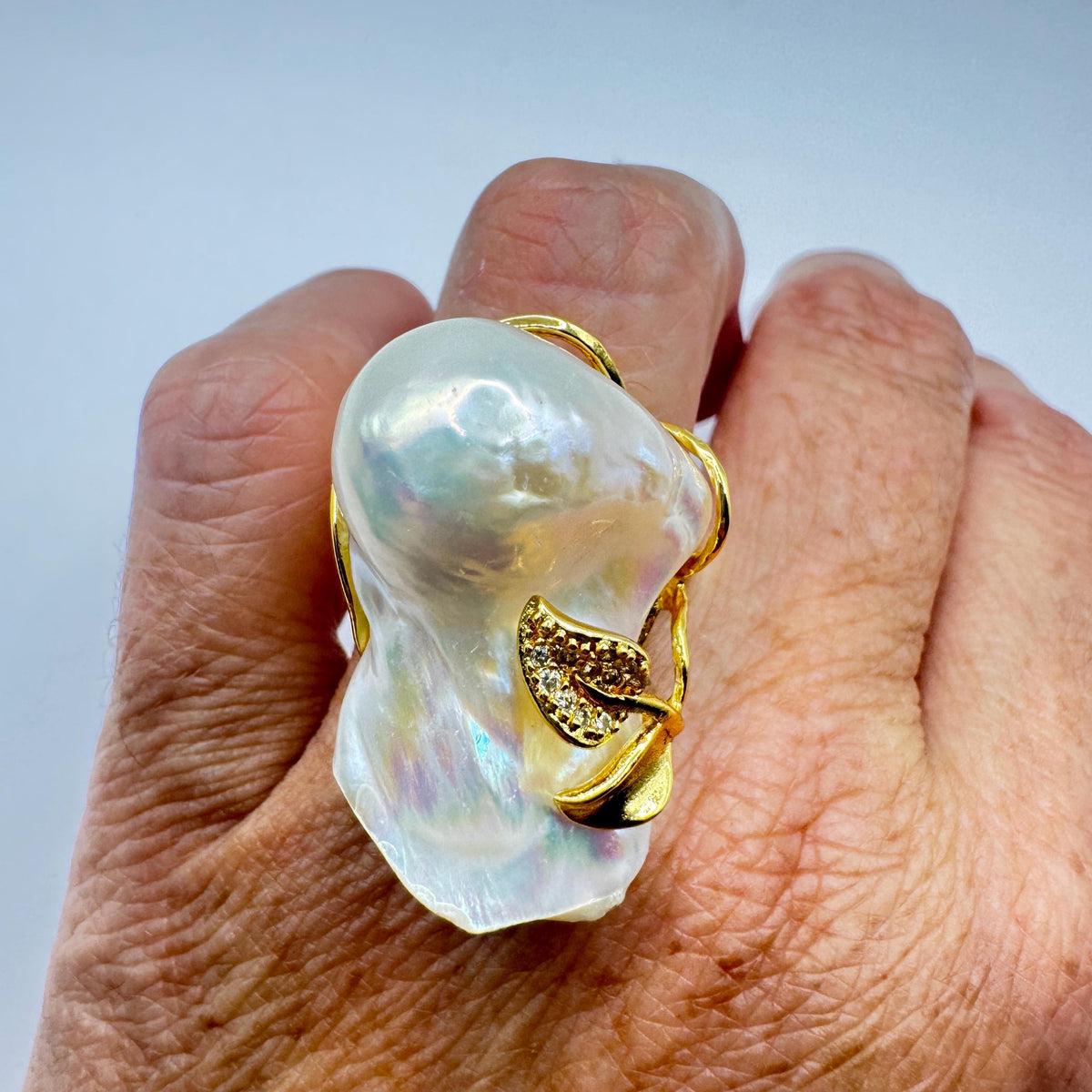 Vintage Biwa Pearl Ring Golden 925 Sterling Silver Cocktail Statement Adjustable